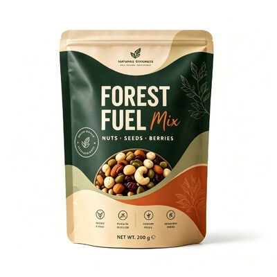 Kwaliteit Persoonlijke gedrukte natuur-thema stand-up ritszak. Flexible Food-grade verpakking voor Trail Mix, Nuts & Healthy Snacks (200g) Fabriek